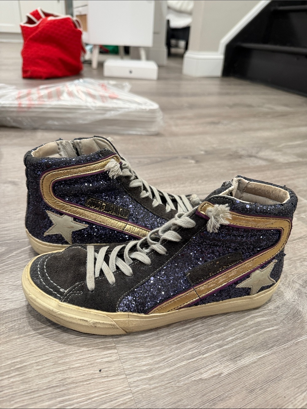 Golden Goose Glitter High-Top Sneakers in Navy with Gold Trim